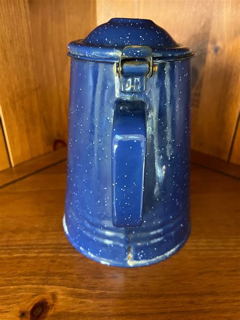 Vintage Blue Speckled Enamelware Coffee Pot Hinged Lid Graniteware