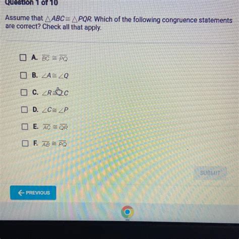 Assume That Abc Apqr Which Of The Following Congruence Statements Are