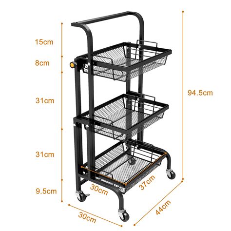 BEEY 3 Tier Metal Utility Rolling Cart With Locking Wheels Black