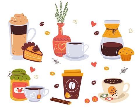 Tea Coffee Hot Warm Drink With Sweet Pie Abstract Isolated Set Graphic