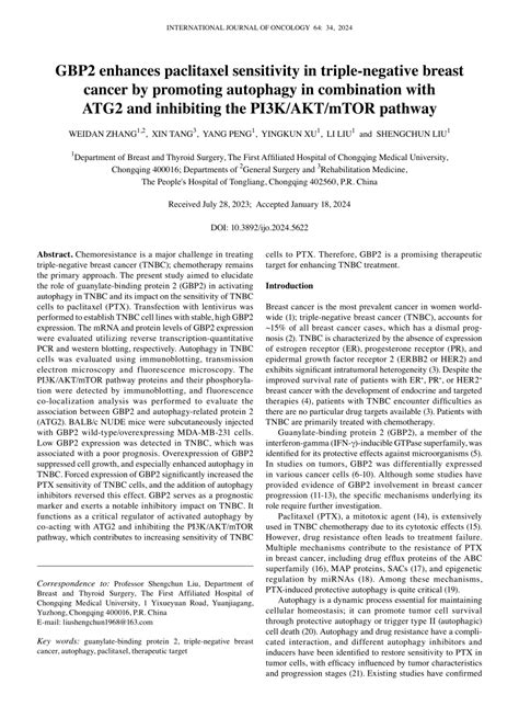 PDF GBP2 Enhances Paclitaxel Sensitivity In Triplenegative Breast