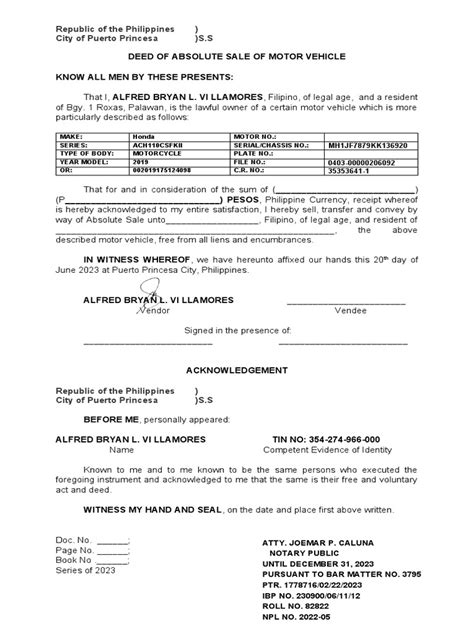 deed  sale  motor vehicle    property law vehicles