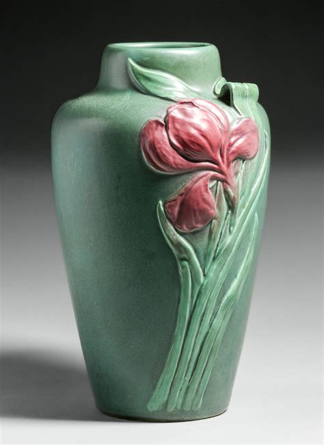 Large Weller Pottery Carved Matte Green Red Vase C1910 California