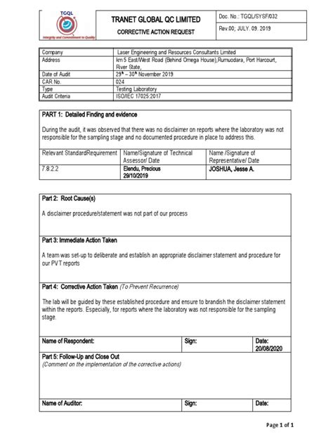 Iso 17025 Corrective Action Request Form Completed Pdf