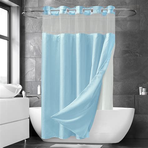 Ikfashoni Blue Hookless Shower Curtain Waffle Weave Waterproof Fabric Snap In Liner Mesh