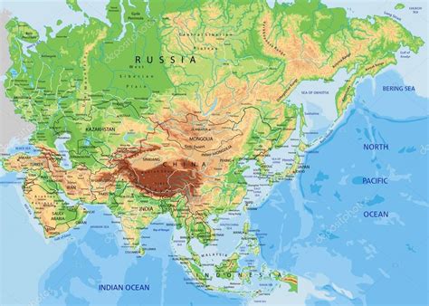 Asia Mappa Fisica Con Etichettatura Grafica Vettoriale © Delpieroo