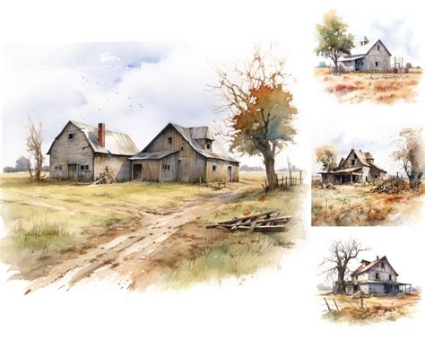 Watercolor Old Abandoned Farm Clipart 8 High Quality Pngs Digital Download for Personal and ...