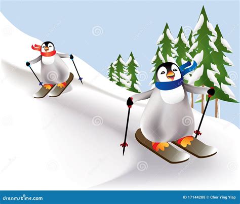 Colorful Penguins Skiing Down A Tree Lined Slope Royalty Free Stock