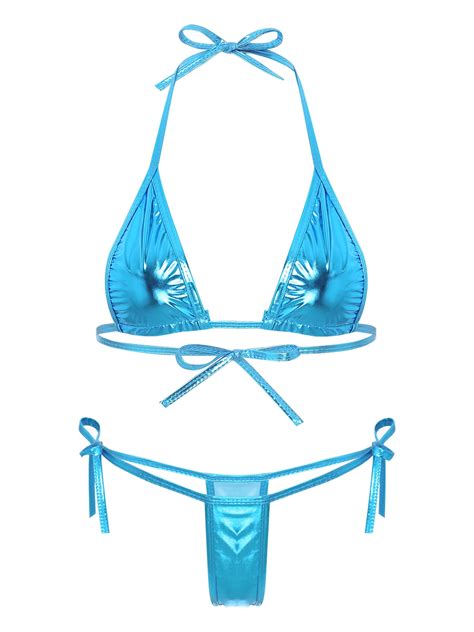 YEAHDOR Womens Bikini Set Metallic Two Piece Swimsuit Halter Triangle Top With Side Tie Swim