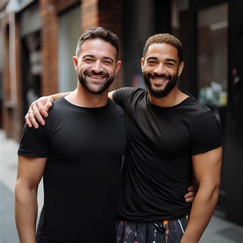 Premium AI Image Handsome Gay Couple Wearing Black Tshirts Facing The Cam