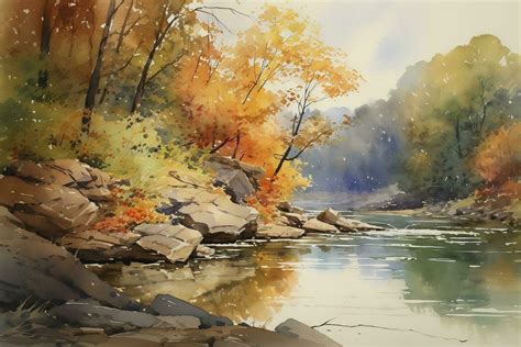 Tranquil mountain scene watercolor painting. Autumn colors on white ...