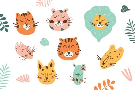 Jungle Animal Face Set Jungle Animal Head Collection Funny Tiger