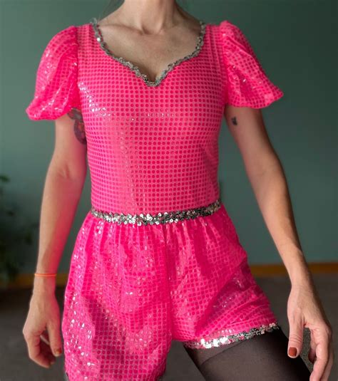 Vintage 80s 90s HOT PINK BARBIE Costume Sequin 2 Piece Dance Set Hot Pants Leotard