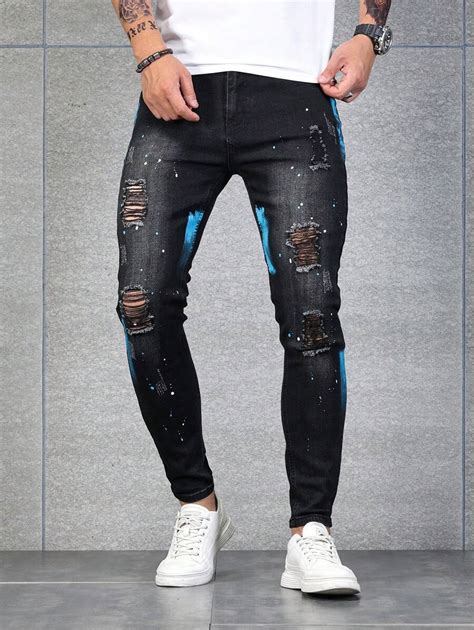 Manfinity Legnd Men Cotton Splash Ink Print Ripped Frayed Skinny Jeans