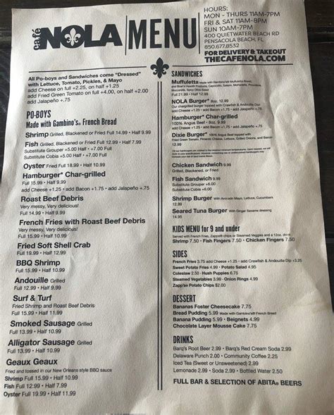 Menu At Cafe Nola Gulf Breeze