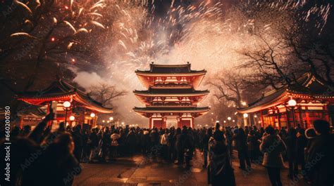 New Year's Eve celebration with lots of fireworks in Japan Above a ...