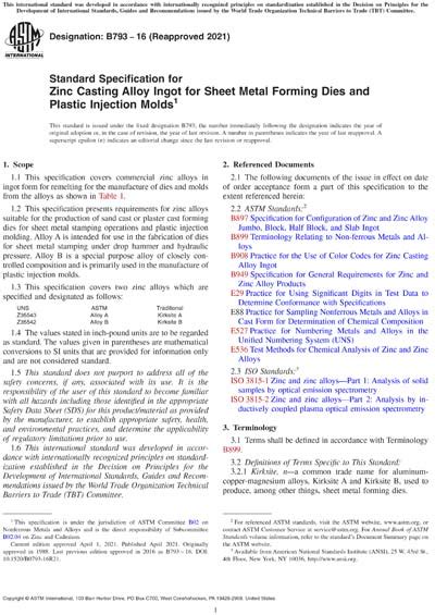ASTM B793 16 2021 Standard Specification For Zinc Casting Alloy