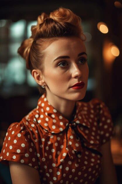 Premium Photo A Woman In A Polka Dot Dress Looks Into The Camera