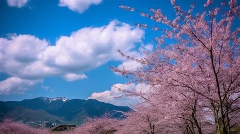 Cherry Blossom Trees In Pink Blossoms Against Blue Sky Background