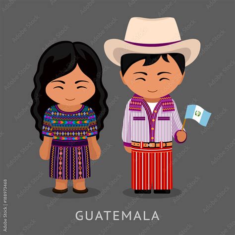 Guatemalans In National Dress With A Flag Man And Woman In Traditional