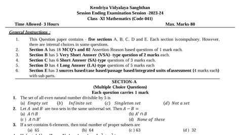 CLASS 11 MATHS Annual Exam 2024 Sample Question Paper KV CBSE