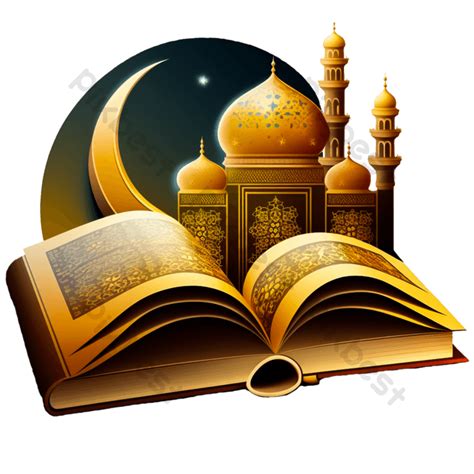 Quran Islamic Holy Book With Moon And Mosque Vector Illustration Png