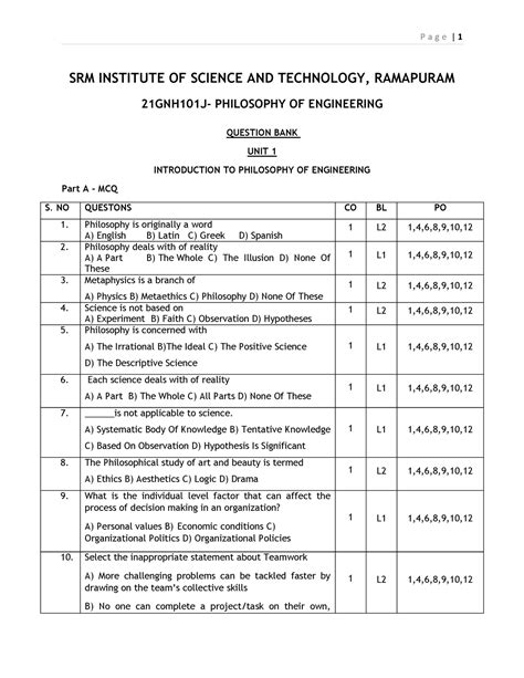 Question Bank Unit I P A G E Srm Institute Of Science And