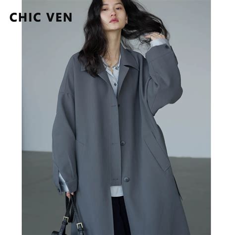 CHIC VEN Women S Long Trench Coat Single Breasted Casual Belted Waist