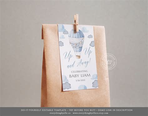Hot Air Balloon Baby Shower Book Card Editable Blue Boy Hot Etsy