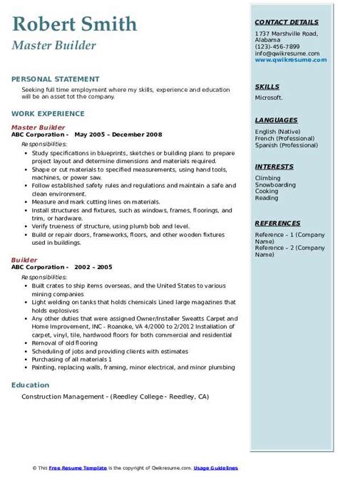 Builder Resume Sample