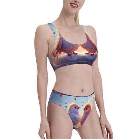 Noikeo Heart Sky Bird Couple Pattern Bikini Set For Women Two Piece Swimsuits Low Rise Bathing
