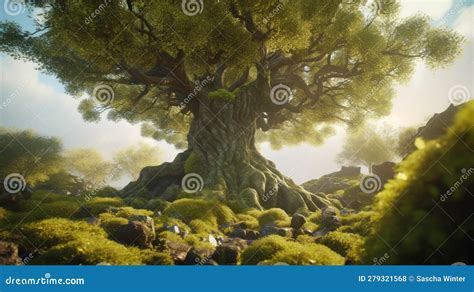 Ancient Wisdom The Majestic Oak Tree Cloaked In Moss Stock