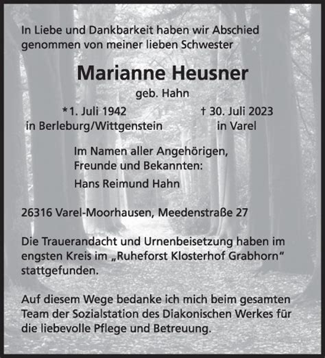 Traueranzeigen Von Marianne Heusner Zeit Des Gedenkens De