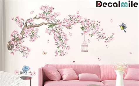 Decalmile Cherry Blossom Tree Branch Wall Decals Pink Flower Birds Wall