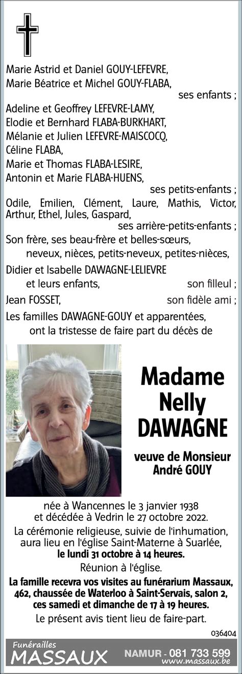 Avis De Décès De Nelly Dawagne Décédé Le 27 10 2022 à Vedrin Annonce