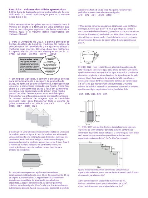 Exercícios Volume De Sólidos Geométricos 9 Ano Pdf - Exercícios de Volume de Sólidos Geométricos | PDF | Concreto | Círculo