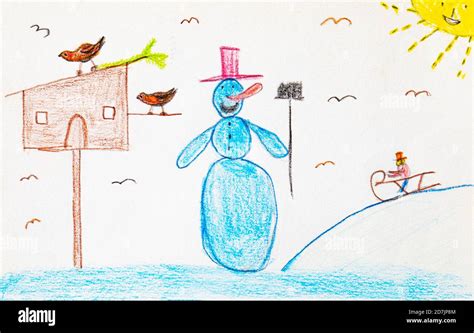 Children's drawing of snowman Stock Photo - Alamy