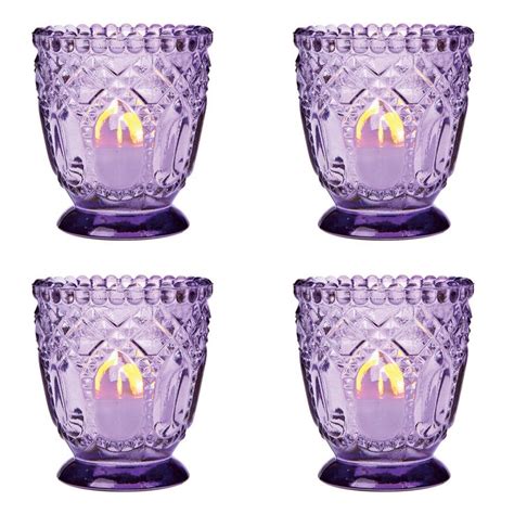 Set Of 4 Purple Vintage Glass Candle Holder Fancy Faceted Design Glass Tealight Tealight