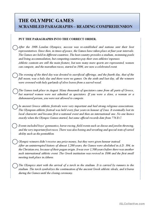 Olympics Reading Comprehension Worksheets