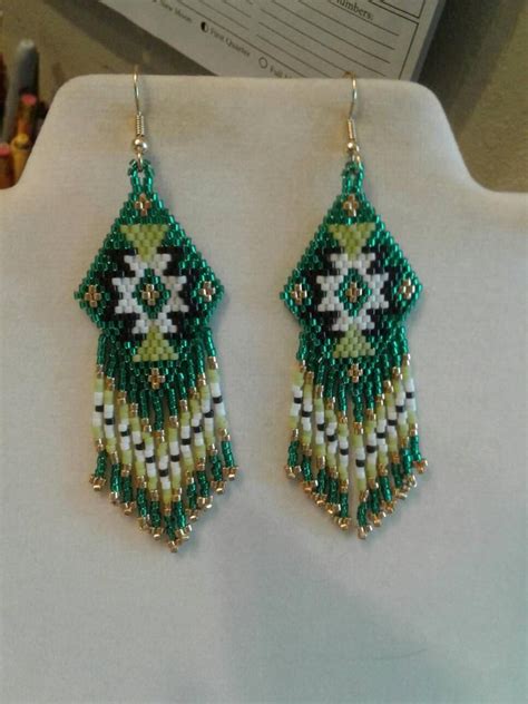 Native American Style Beaded Rug Earrings Emerald Green Gold Black