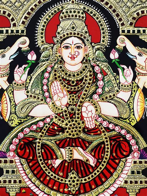 Seated Goddess Gaja Lakshmi Tanjore Painting With Frame Traditional