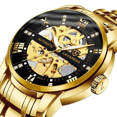 Buy Mens Watch Black Mechanical Stainless Steel Skeleton Waterproof