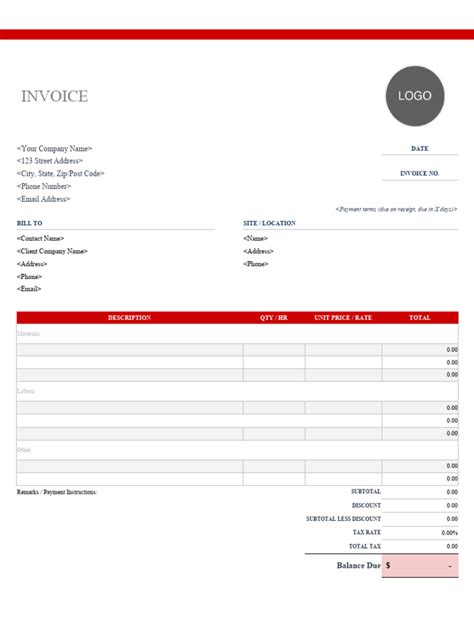 Blank Construction Invoice Template Excel | PDF