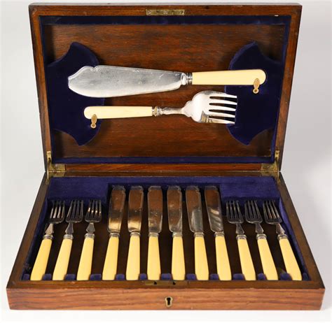 Antique Boxed Set Of Fish Knives And Forks With Two Serving Pieces