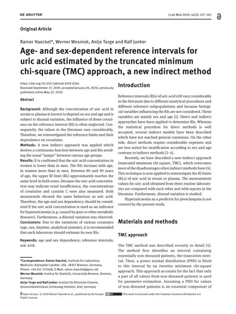 Pdf Age And Sex Dependent Reference Intervals For Uric Acid Estimated By The Truncated