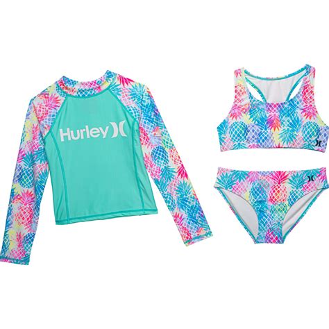 Hurley Big Girls Rash Guard And Bikini Set Upf Long Sleeve