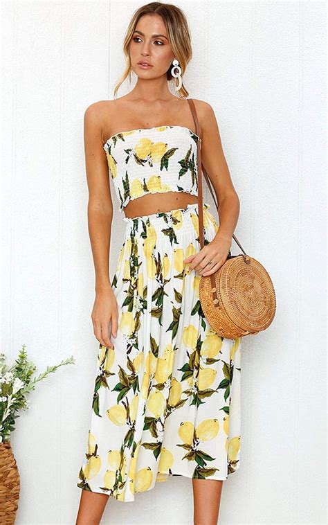 Angashion Floral Crop Top Maxi Skirt Set Best Vacation Clothes From