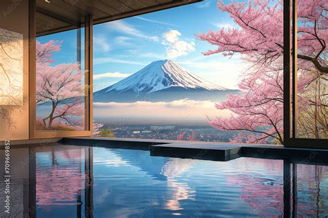 Japanese Outdoor Hot Springs Onsen Overlooking Mount Fuji And Sakura Tree From Luxury Hotel