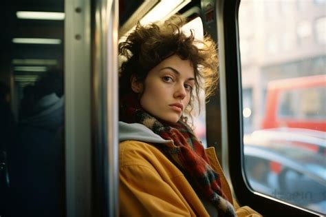 Una mujer joven sentada en un autobús mirando por la ventana Foto Premium