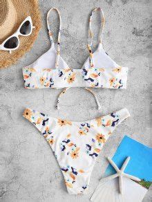 Zaful Cinched Floral Print Bikini Swimwear In White Zaful